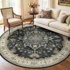 Area Rugs Round 6ft Washable Non-Slip, Floral Vintage Distress Print Pattern Medallion Carpet for Living Room Bedroom Dining Room, Vintage Black Brown Neutral