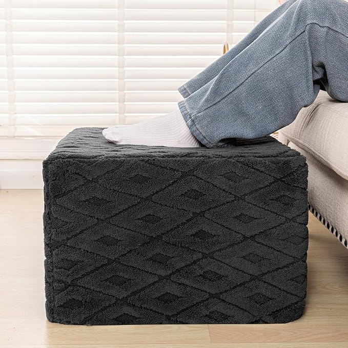 Fluffy Square Ottoman Pouf with All-in-One Foam Filling 20 x 14 Inches Furry Ottoman Foot Rest Foot Stool for Living Room or Bedroom (Gray)