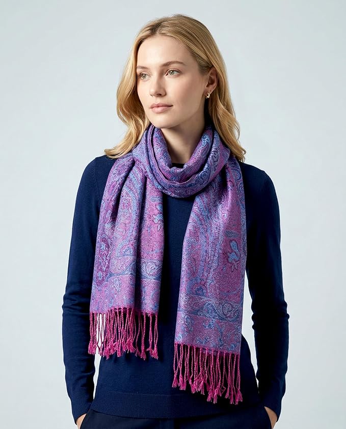 Achillea Reversible Paisley Pashmina Rave Scarf – Exotic Indian Shawls and Wraps for Evening Dresses, Festivals, All Seasons