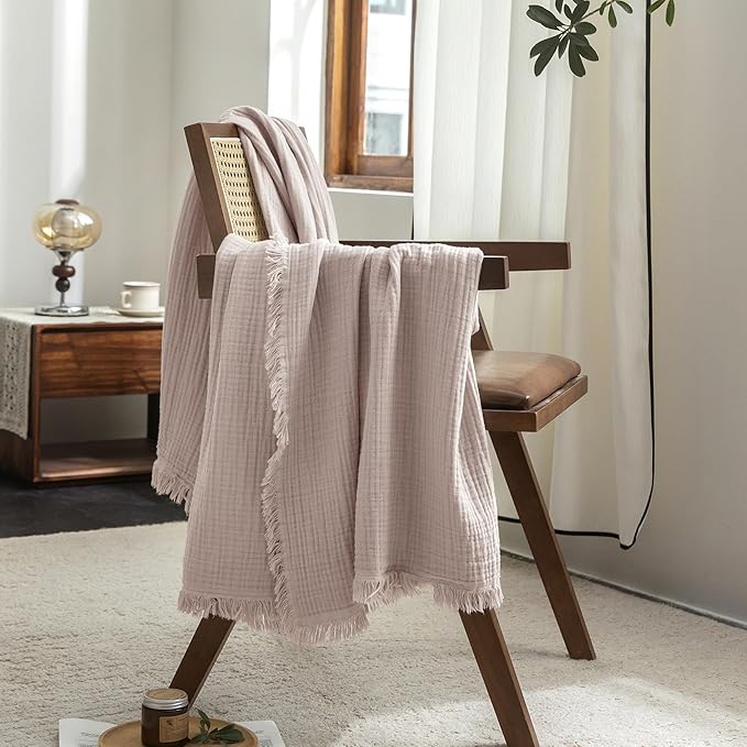 FOSSA Muslin Blanket with Fringe - 4-Layer 100% Cotton Gauze Super Soft & Breathable Throw -Lightweight Decorative Cooling Blanket for Bed, Sofa, Office (Greyish Pink, Queen (90" × 90"))