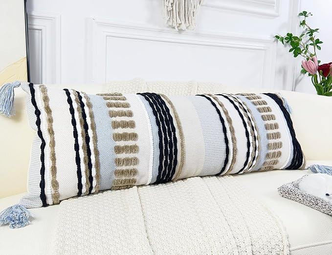 Chenille and Cotton Long Pillow for Bed, Striped Textured Boho Lumbar Throw Pillow Cover 12x36, Neutral Accent Decorative Extra Long Body Pillow Case for Couch, Sofa, Bedroom, Khaki