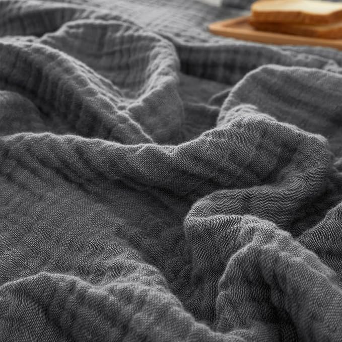PHF 100% Cotton Muslin Blanket Twin XL Size 66"x90", 4-Layer Lightweight Gauze Throw, Breathable Cloud-Soft Minimalist Blanket for Bed, Couch, Camping & Baby, Greyish Black, Ideal Gift