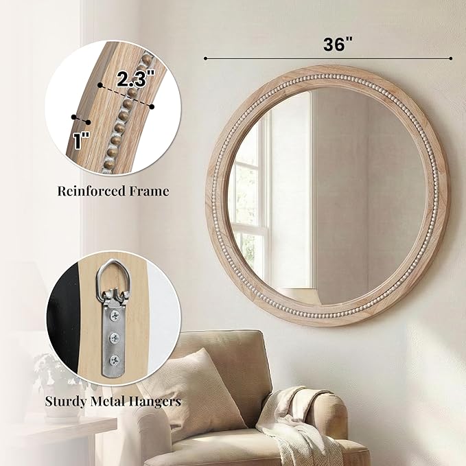 36" Large Round Wood Mirror for Living Room Fireplace, Big Solid Wood Wall Mirror - Oversized Boho Beaded Circle Mirror for Entryway Console & Dining Room