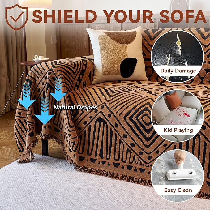 VClife Boho Couch Covers Washable Sofa Cover for Sofa, Luxury Sectional Couch Cover Chenille for 2 Cushion Couch, Anti Slip Pet Sofa Slipcover Dog Couch Cover Throw, Black Pumpkin Geometry, 71"x118"