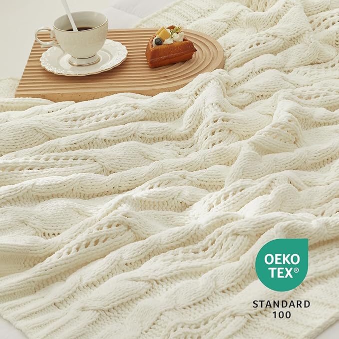 Amélie Home Chunky Knit Throw Blanket, Dual-Sided Soft Chenille Breathable Cable Knitted Blanket for Couch, Farmhouse Decorative Throw for Sofa & Chair, 50"x60", Ivory