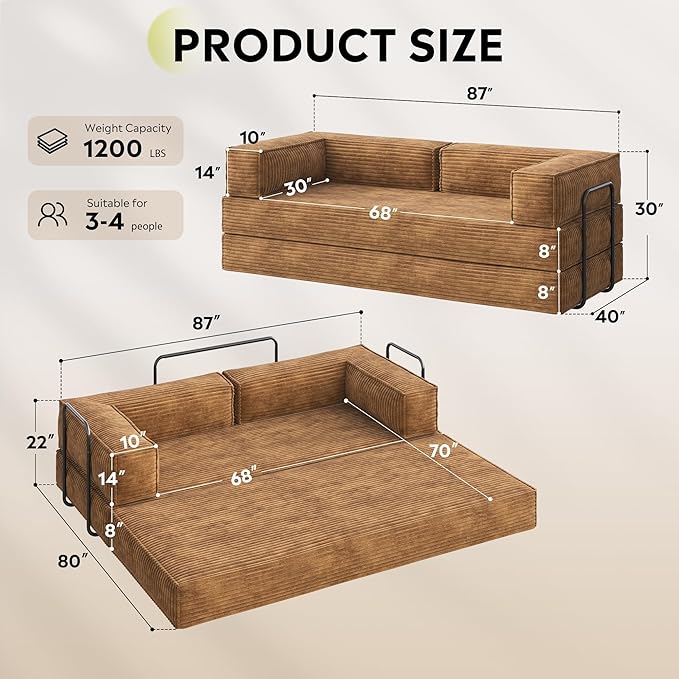 WLIVE 87'' Futon Sofa Bed, Convertible Sleeper Sofa, Folding Pull Out Couch Boneless Mattress with Fixed Frame, Corduroy, with Storage Pocket, Brown