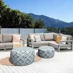 LVTXIII Outdoor Inflatable Ottoman, Fade-Resistant Round Footrest Stool D31”x H14”, Portable Patio Pouf for Garden Camping or Home Use, Boho Geometry Blue