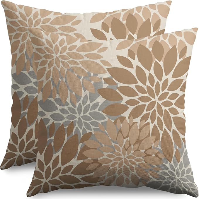 Light Brown Grey Gray Pillow Covers 22X22 Inch Set of 2, Dahlia Flower Spring Summer Floral Cream Decorative Throw Pillow Covers Outdoor Modern Farmhouse Cushion Case for Home Couch Sofa Bed Decor
