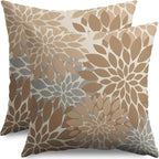 Light Brown Grey Gray Pillow Covers 24X24 Inch Set of 2, Dahlia Flower Spring Summer Floral Cream Decorative Throw Pillow Covers Outdoor Modern Farmhouse Cushion Case for Home Couch Sofa Bed Decor