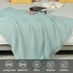 Blagic Knitted Throw Blanket for Couch, Soft Farmhouse Throw Blanket with Tassels,Home Decorative Lightweight Blankets,Spring Throws for Bed/Chair/Sofa,Wheat Textured (Light Blue&White,50" W x 60" L)