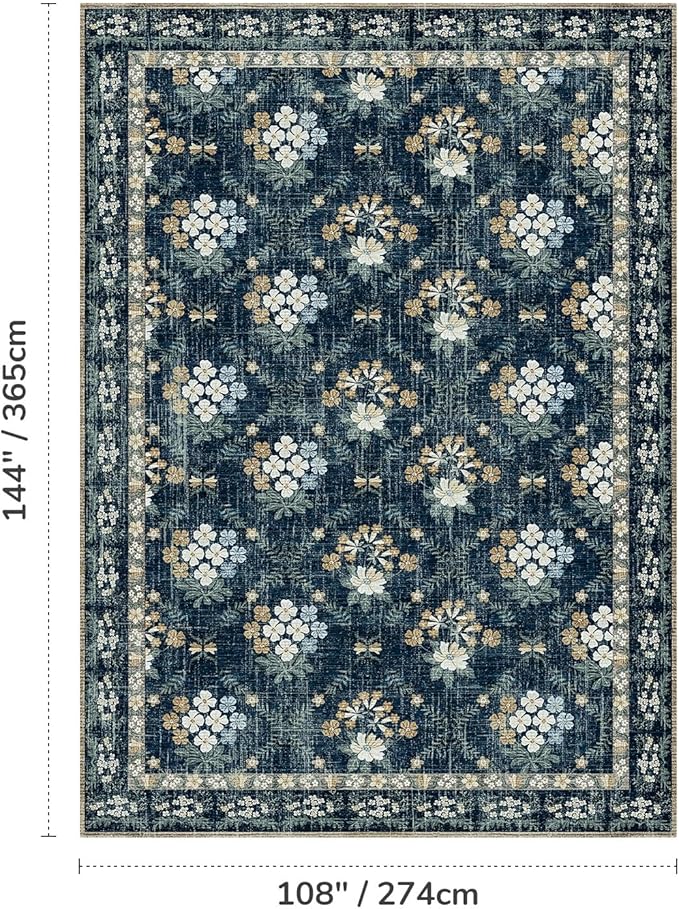 Lessymo Large Area Rugs 9x12 for Living Room, Soft Washable Rug for Bedroom Dining Room Nursery Room Farmhouse, Boho Non Slip Low Plie Carpet Vintage Floral Design, Navy/Beige