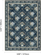 Lessymo Large Area Rugs 9x12 for Living Room, Soft Washable Rug for Bedroom Dining Room Nursery Room Farmhouse, Boho Non Slip Low Plie Carpet Vintage Floral Design, Navy/Beige