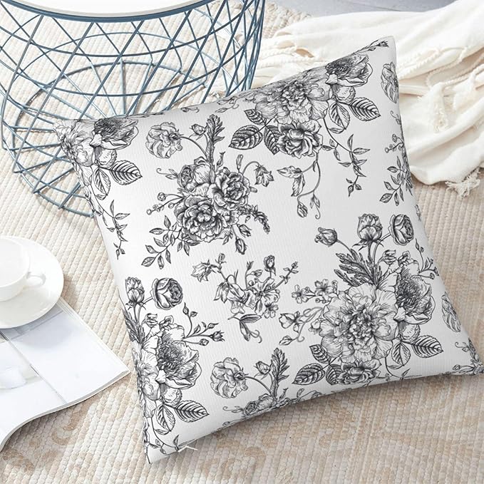Dark Grey and White Floral Throw Pillow Covers 18x18 Set of 2, Vintage Flower Rustic Farmhouse Pillow Covers Outdoor Decorative Pillow Case for Couch Bed Sofa Cushion Home Decor