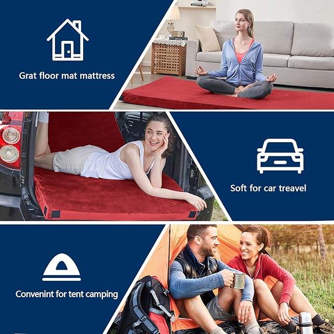 CYMULA Memory Foam Camping Mattress Pad, CertiPUR-US Sleeping Mat, Portable Roll Up Mattress for Adults, Camping Bed Pads for Sleepover, Car Bed with Travel Bag