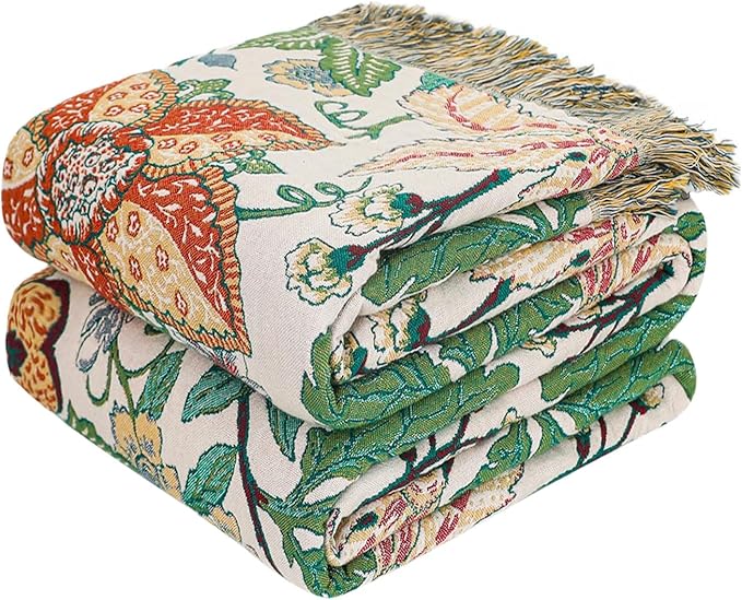 Boho Throw Blanket - 50"x60" 100% Cotton Soft Breathable Lightweight Bed Blanket, Reversible Muslin Spring Blankets Green Floral Farmhouse Decor Rustic Quilt for Bed Couch
