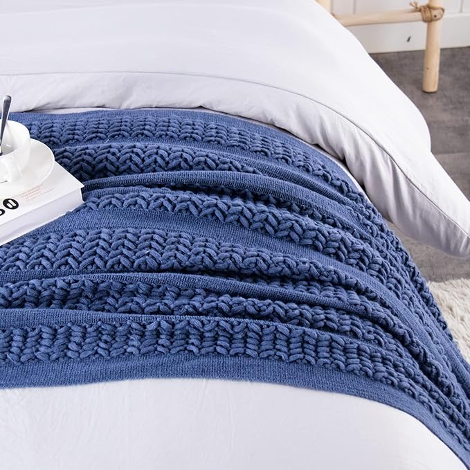 lifein Fall Throw Blanket for Couch - Soft Boho Knitted Farmhouse Bed Throws,Cozy Small Lightweight Blankets&Throws with Tassels for Autumn,Woman,Man,Home Decor,Bed,Chair,Sofa,Room,Gift(Blue,50*60")