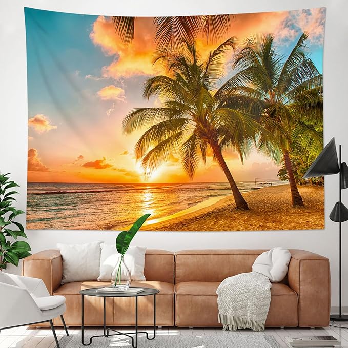 HVEST Beach Palm Tree Tapestry Wall Hanging, Nature Sunrise and Sunset Scence Tapestry, Ocean Coastal Landscape Tapestry for Living Room Bedroom Aesthetic Decor, 40L x 60W Inches