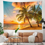 HVEST Beach Palm Tree Tapestry Wall Hanging, Nature Sunrise and Sunset Scence Tapestry, Ocean Coastal Landscape Tapestry for Living Room Bedroom Aesthetic Decor, 40L x 60W Inches