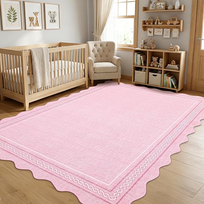 Garvee Scalloped Washable Rug 8x10 Area Rugs for Living Room Non Slip Throw Rugs Modern Large Rugs for Bedroom Low Pile Soft Non Shedding Stain Resistant Carpet for Dining Room Kids Rug 8'x10' Pink