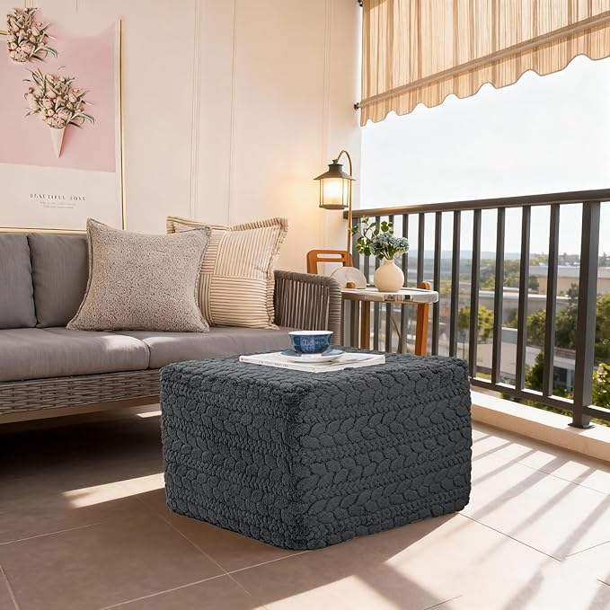 20x20x14 Inches Fluffy Square Pouf Ottoman - Plush Furry Boneless Ottoman Foot Rest Stool with High-Density Foam, Versatile Floor Seating for Living Room (Gray)