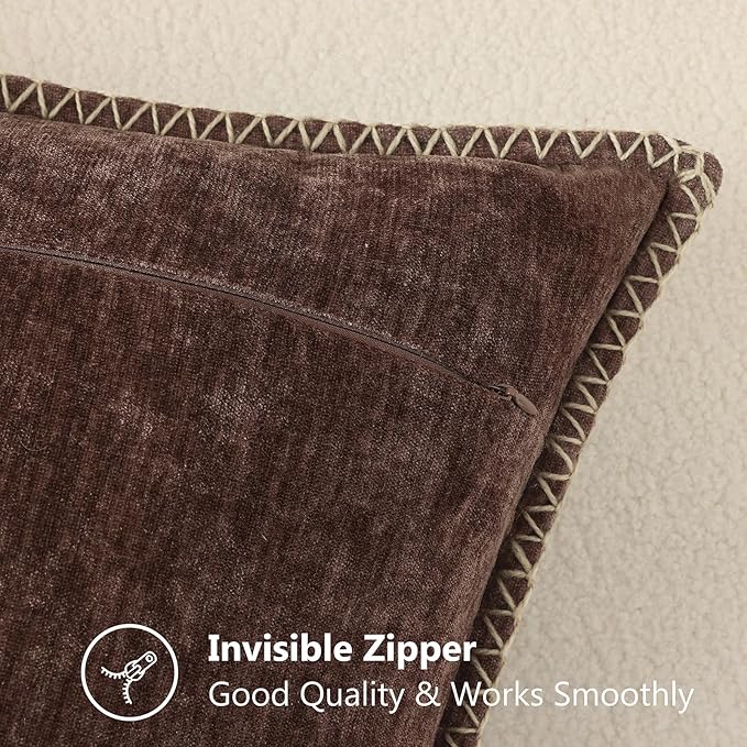decorUhome Chenille Soft Cozy Throw Pillow Covers 20x20 Set of 2, Modern Farmhouse Boho Velvet Decorative Pillow Cases with Stitched Edge for Couch Sofa Bed Home Decor, Chocolate