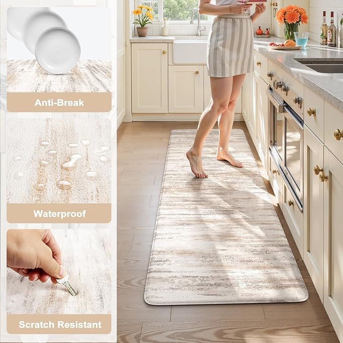 KIMODE Anti Fatigue Mats for Kitchen Floor, Farmhouse Kitchen Runner Rugs 24"x59", Non Slip Kitchen Mats for Floor, Padded Kitchen Floor Mats, Light Brown Rugs for Kitchen Floor Sink Laundry Office