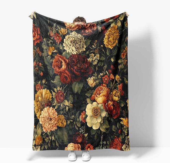 Black Floral Throw Blanket, Vintage Dark Flower Blanket for Bed Sofa Travel and Camping Flannel Blanket Gift, Super Soft Cozy Fluffy Plush Blanket for All Seasons, 50" x 60"