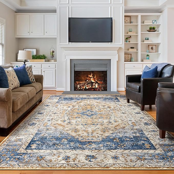 Amearea Vintage Design Area Rugs for Living Room, 4x6 Machine Washable Floral Collection Traditional Bedroom Rug, Low Pile Kids Room Print Carpet, No Slip Office Kitchen Home Decor, Blue and Orange
