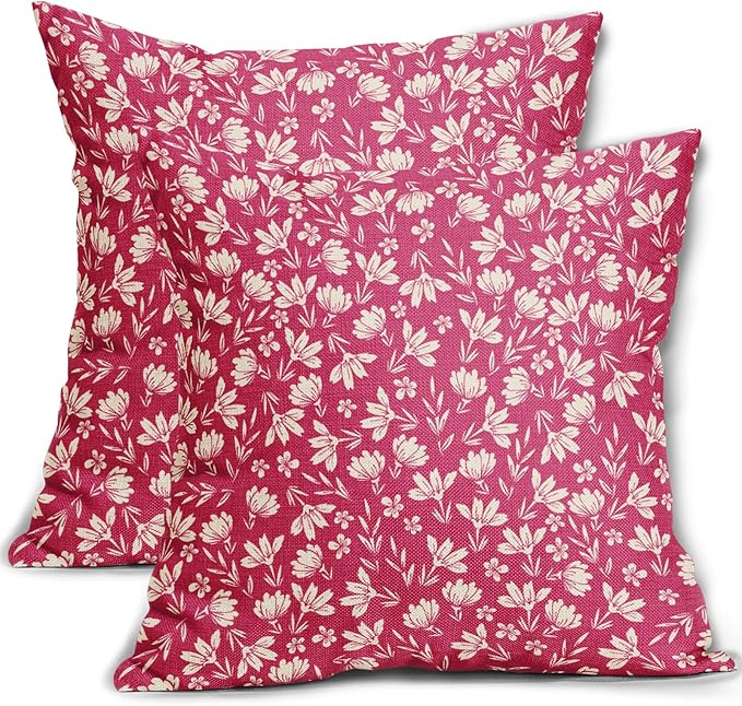 Hot Pink Pillow Covers 18x18 Set of 2 Vintage Floral Rustic Old Style Cute Flower Print Decorative Outdoor Pillowcases Seasonal Farmhouse Throw Cushion Case Decor for Couch Sofa Bed