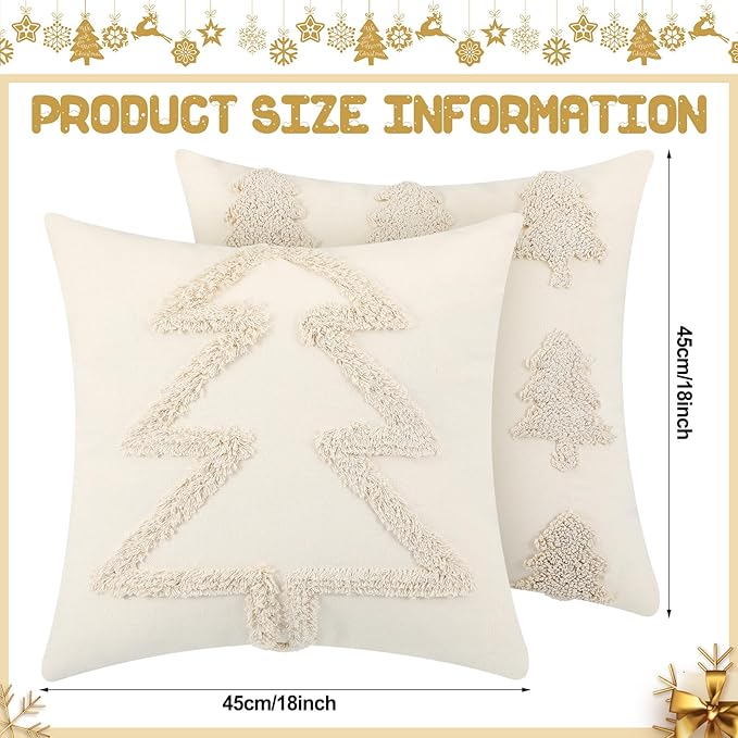2 Pcs Beige Christmas Pillow Covers 18 x 18 Inch Decorative Boho Farmhouse Pillowcase White Tufted Tree Christmas Pillow Cases for Couch Sofa Holiday Bedroom Living Room Home Present