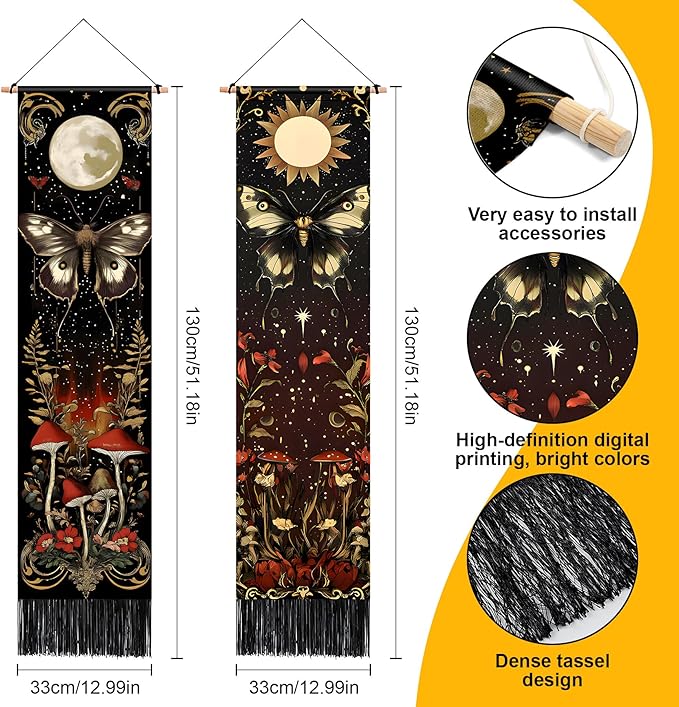 AOHMPT Pack of 2 Long Vertical Tapestry,Nature Landscape Tapestry with Serene Mountain River, Moon & Sun Motifs,Traditional Ink Painting Wall Art , Zen Aesthetic Wall Hanging for Living Room Bedroom Decor 13" W x 51" H"