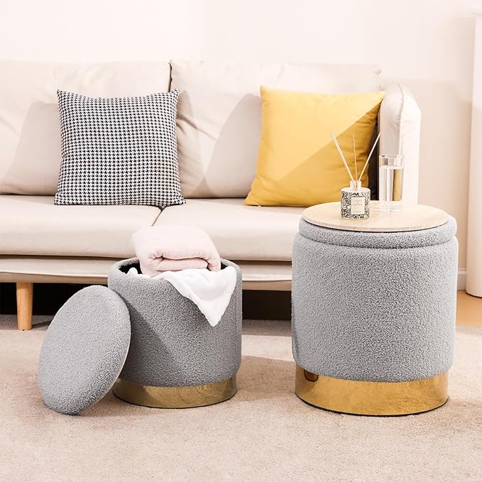 Round Storage Ottoman - Multi-Functional Velvet Footrest & Vanity Stool for Living Room, Space-Saving Side Table with Hidden Compartment, Sturdy Seating for Small Apartments & Bedroom, Gray