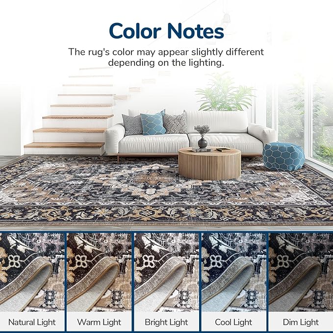 Lessymo 3 x 5 Area Rugs for Living Room,Machine Washable Area Rugs Boho Faux Wool Low Pile Area Rug for Bedroom Floral Medallion Vintage Rugs with Non-Slip Rubber, Kid & Pet Friendly,Black Brown