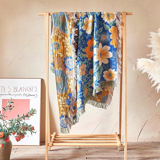 Boho Throw Blanket - 100% Cotton Ultra Soft Muslin Spring Blanket, 60"x80" Lightweight Floral Bird Framhouse Bedding Blanket for Bed, All Season Blue Bohemian Bedroom Home Decor Quilt