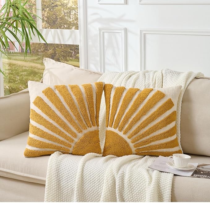 Zealax Yellow Decorative Throw Pillow Cover 18x18 Inch Modern Abstract Sun Tufted Pillow Case Square Soft Cushion Covers for Couch Bed Living Room Bohemian Home Decor(No Pillow Insert, 1Pc)
