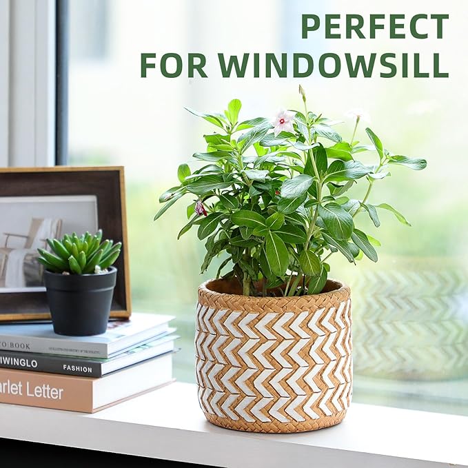 Concrete Rattan-Style Plant Basket Planter, 5" Outdoor Indoor Plant Pots with Drainage Hole, Boho Flower Pot for Succulents, Herbs, Modern Farmhouse Decor, Ideal Gift for Plant Lovers