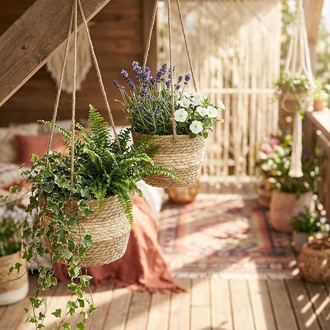 6 Pcs Seagrass Hanging Planter Basket Hand Woven Plant Basket with Plastic Liners Hanging Plant Holder Storage Containers with Cotton Rope for Indoor Outdoor Garden Home Decor(Beige)