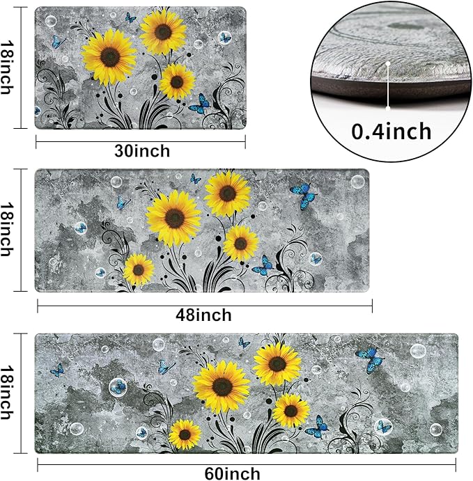Likiyol Sunflower Kitchen Rugs Sets of 3 Kitchen Mats for Floor Anti Fatigue Mats for Kitchen Floor, Spring Floral Flower Non Slip Washable Standing Floor Mats, 18''x30''+18''x48''+18''x60''(Gray)