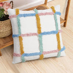 JASEN Checkered Tufted Throw Pillow Cover 18x18 - Colorful Soft Double Stitch Cotton Boho Decorative Cushion Case for Living Room, Sofa, Bed, Modern Home Decor Accents