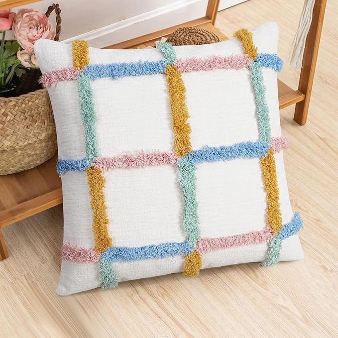 JASEN Checkered Tufted Throw Pillow Cover 18x18 - Colorful Soft Double Stitch Cotton Boho Decorative Cushion Case for Living Room, Sofa, Bed, Modern Home Decor Accents