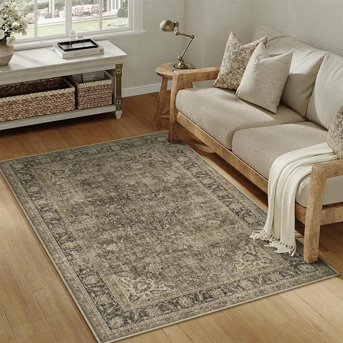 4x6 Washable Brown Area Rug Vintage Entryway Office Carpet Non-Slip Soft Low Pile Distressed Indoor Throw Rug for Living Room Bathroom Dining Room