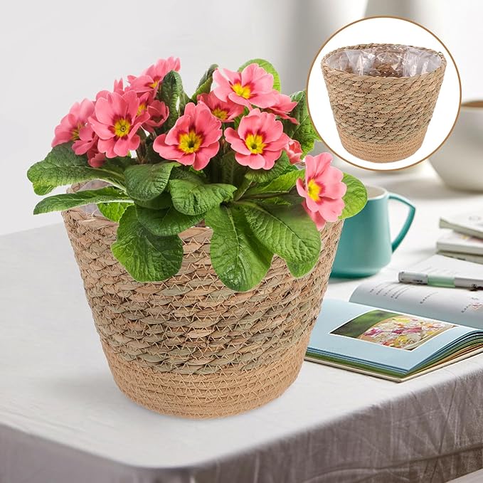 Rustic Handwoven Straw Flower Basket for Indoor Plants Multi-Functional Planter and Storage Holder Natural Decorative Pot for Living Bedroom Office Boho Home Decor