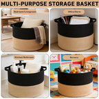 90L Large Blanket Basket,21.7"L x 21.7"W x 13.8"H Rope Woven Baskets with Handles, Toys Storage Bins,Laundry Basket Perfect for Living Room, Nursery,Bedroom,Home Organization,Black&Camel