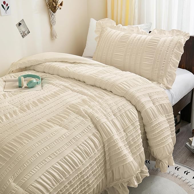 WONGS BEDDING Beige Comforter Set Full, 3 Pieces Ruffle Shabby Chic Comforter for Dorm Room Essentials for Full Bed, Soft Seersucker Bedding Set with 1 Comforter, 2 Tufted Pillowcases 90"×78"