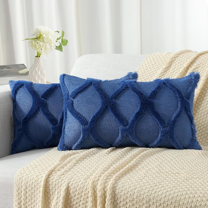 decorUhome Spring Throw Pillow Covers 12x20 Inch Set of 2, Soft Plush Faux Fur Wool Lumbar Dark Blue Accent Couch Pillow Covers for Modern Farmhouse Bed Sofa Living Room