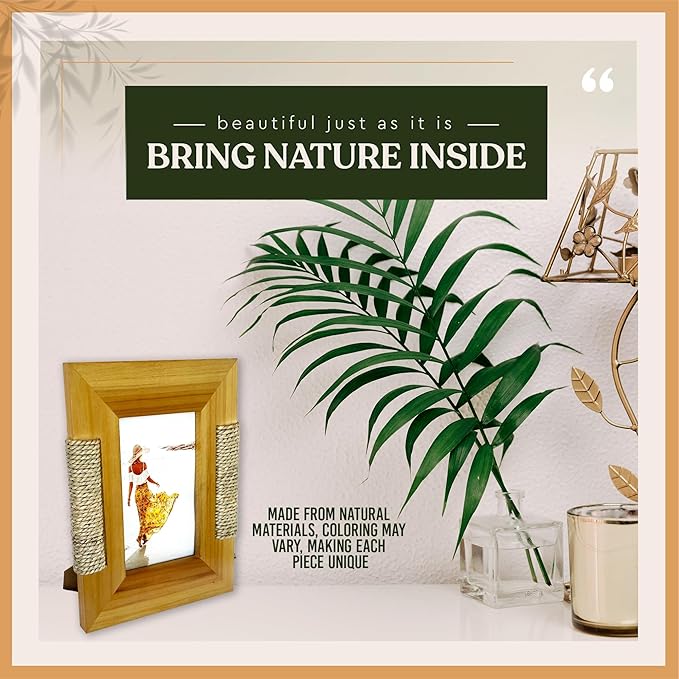 Boho Wooden Picture Frame with Wicker Accent | For 4x6 Photo or Artwork | 7x9 Inch Outer Edge | Bohemian, Coastal or Biophilic Style, Wall & Tabletop Decor Picture Frame, All Natural Wood & Seagrass | Golden Brown