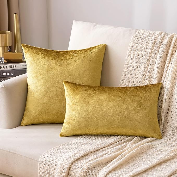 MIULEE Velvet Throw Pillow Covers 12x20 Inch, Pack of 2 - Golden, Soft Solid Lumbar Decorative Pillow Covers Modern Luxury Home Decor for Chair Couch Sofa Bedroom Livingroom