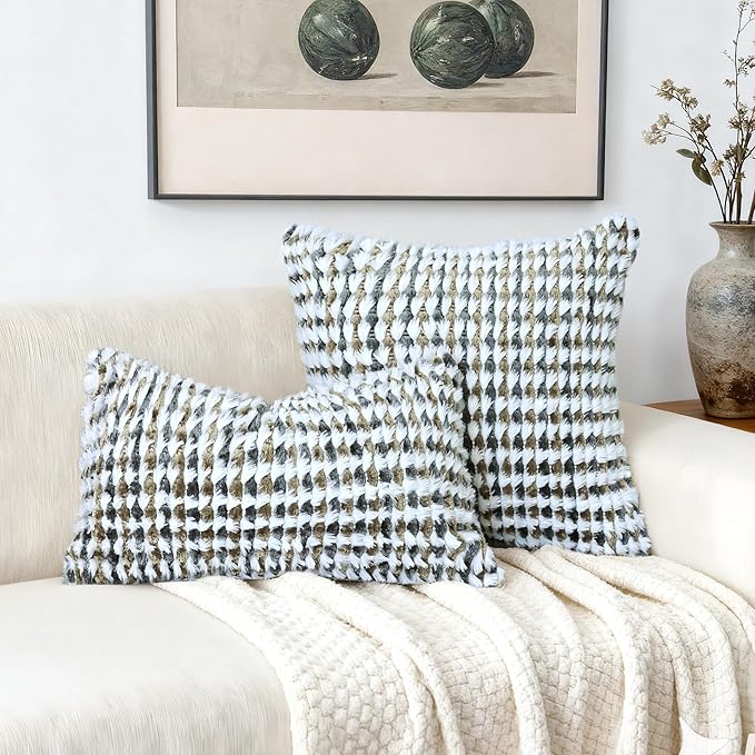 Boho Chenille Tufted Pillow Cover 12x20 Inch Set of 1, Farmhouse Striped Decorative Pillow Covers Accent Fluffy Neutral Lumbar Pillowcases for Couch Sofa Bedroom Living Room, Brown Gray
