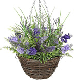 Briful Artificial Hanging Basket for Outdoor, Realistic Hanging Lavender Plant, Rustic Woven Basket, 19.6'' Artificial Hanging Flowers for Porch, Patio, Farmhouse & Indoor Decor