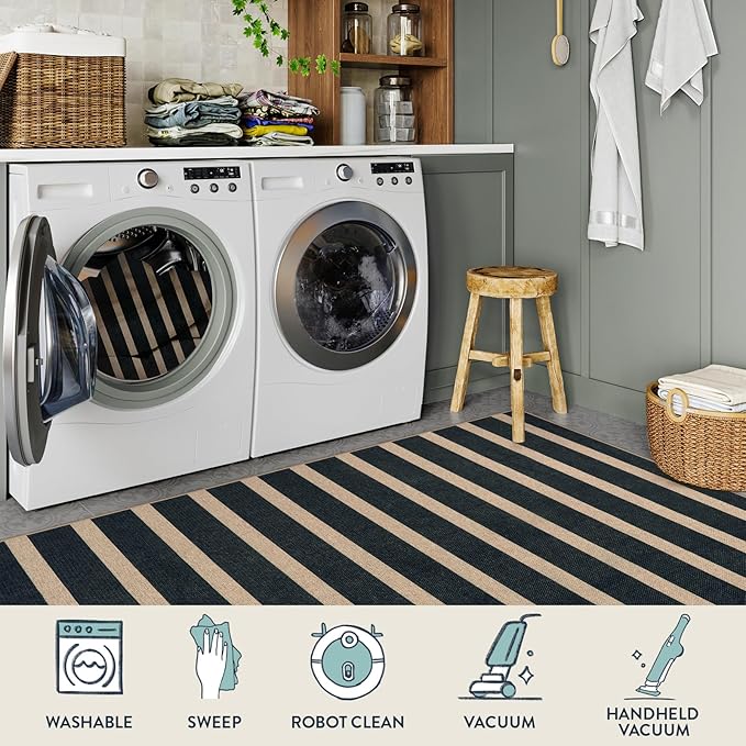 Lahome Elance Striped Easy Jute Area Rug 6x9, Outdoor Patio Rug Neutral Black Carpet for Living Room Classroom, Farmhouse Low Pile Non Slip Non Shedding Floor Carpet for Dining Room Office